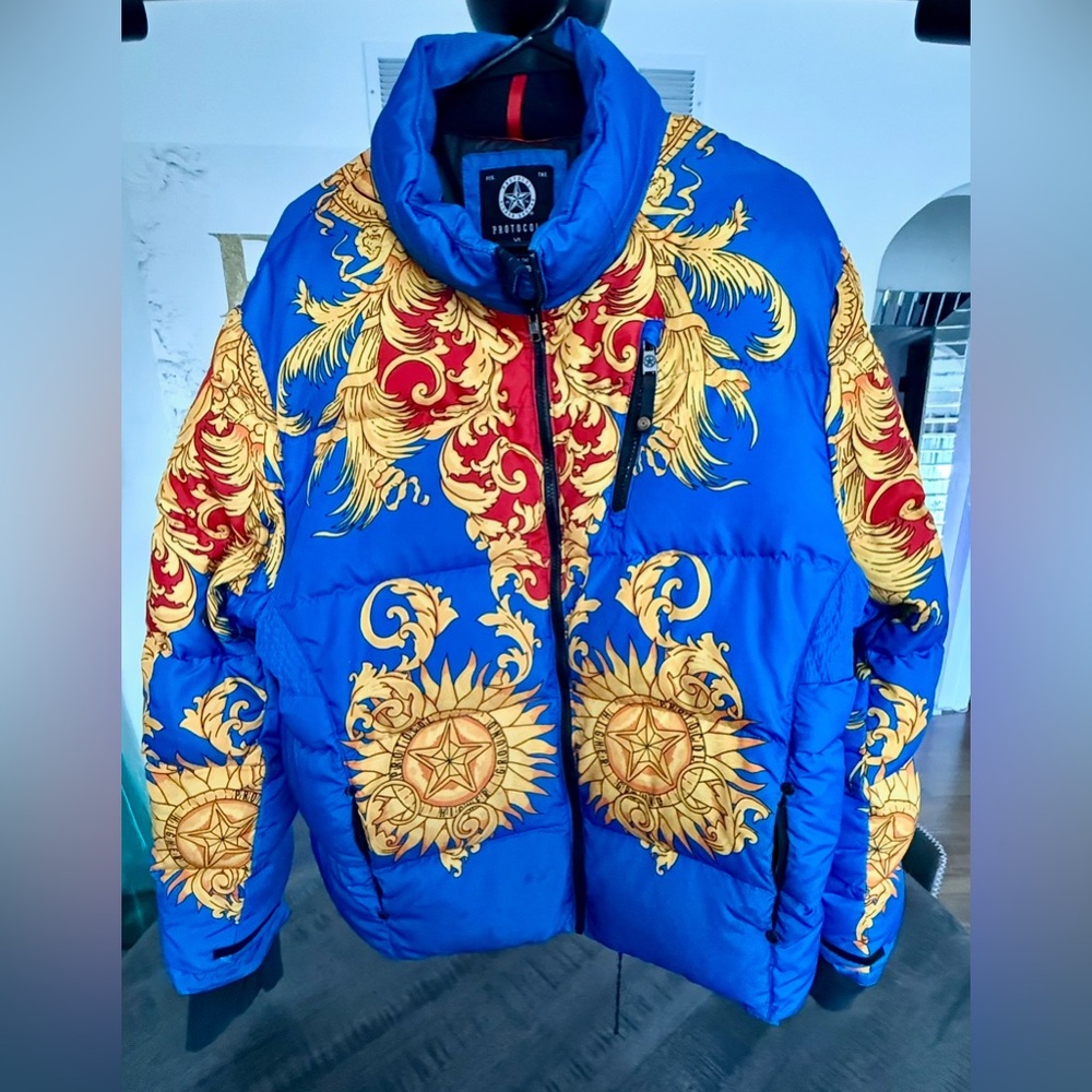 Versace Blue and Gold Baroque Puffer Jacket